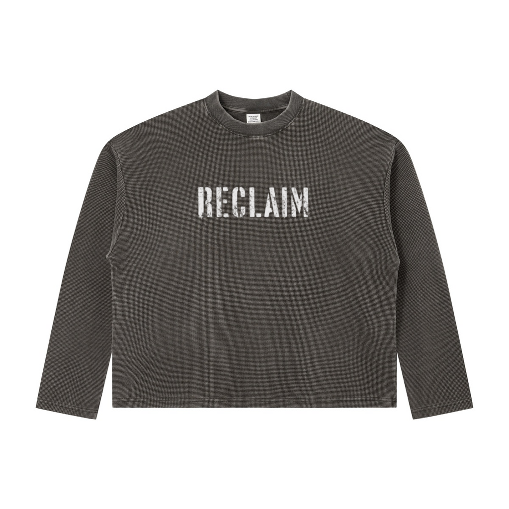 280GSM Men's Vintage Snow-Wash Boxy Waffle Long-Sleeve T-Shirt Charcoal Gray